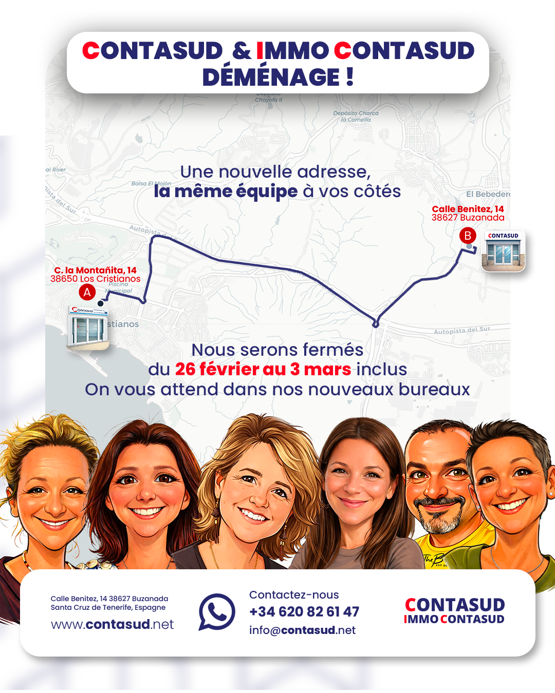 Contasud déménage - Nouvelle adresse : Calle Benítez, 14, 38627 Buzanada